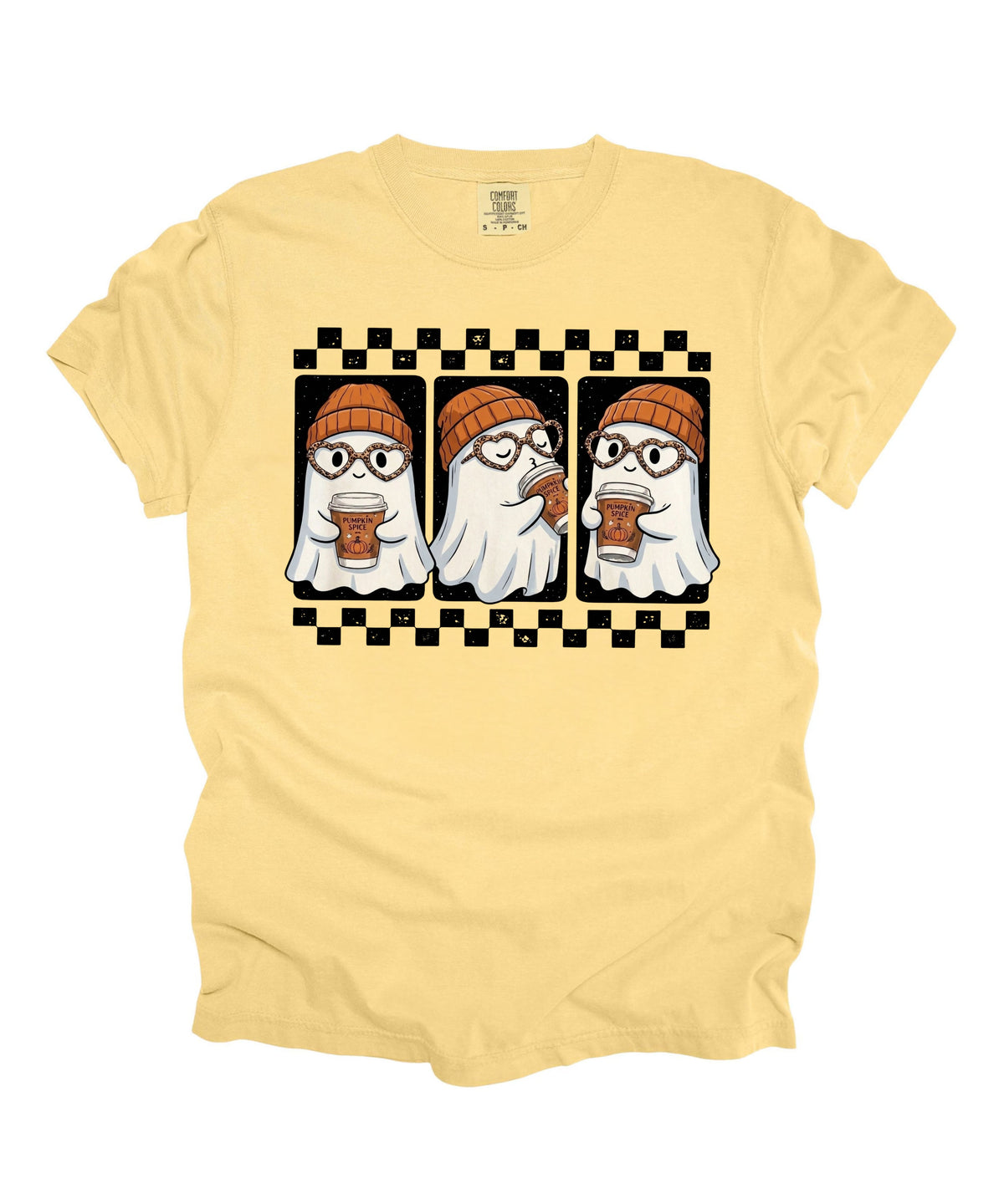 Ghost pumpkin spice coffee t-shirt in Butter — cute beanie ghost graphic tee for fall
