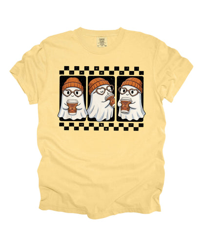 Ghost pumpkin spice coffee t-shirt in Butter — cute beanie ghost graphic tee for fall