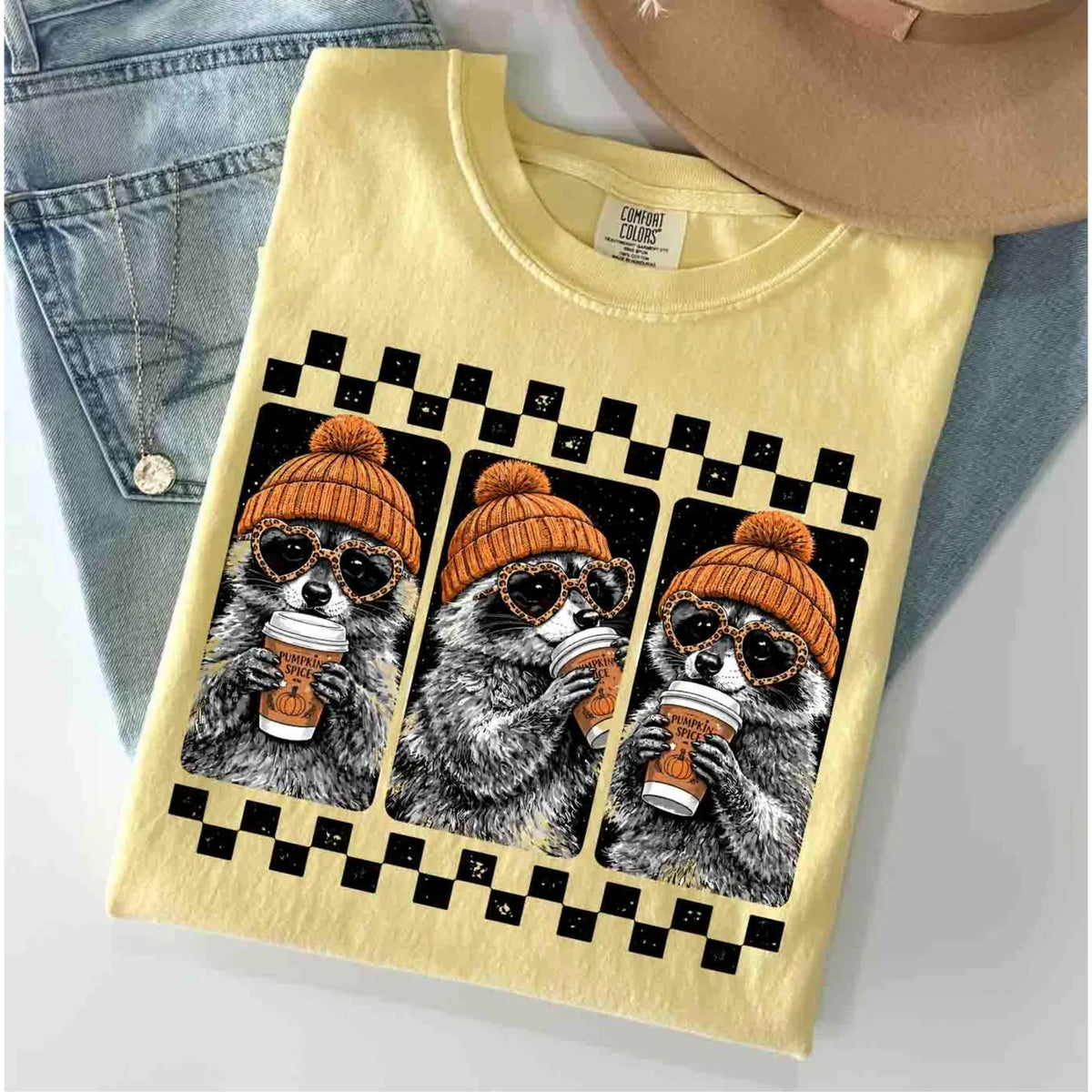 Butter raccoon pumpkin spice coffee t-shirt — retro beanie raccoon checkerboard graphic fall tee