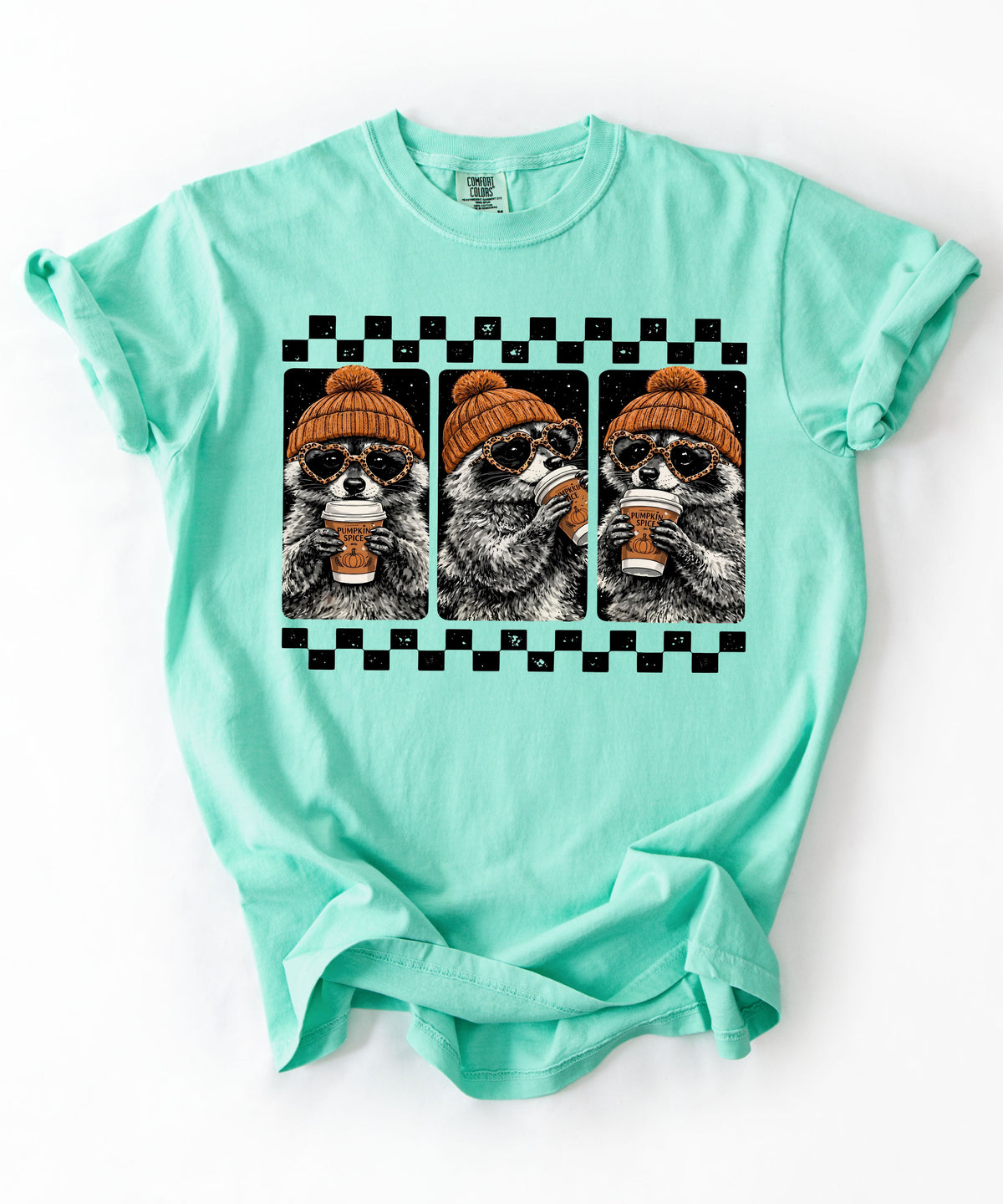 Island Reef raccoon pumpkin spice coffee t-shirt — retro beanie raccoon checkerboard graphic fall tee