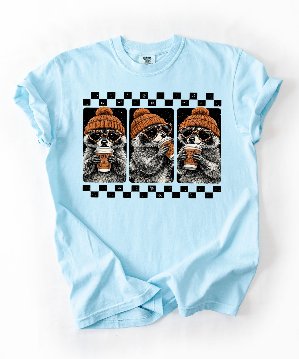 Chambray raccoon pumpkin spice coffee t-shirt — retro beanie raccoon checkerboard graphic fall tee