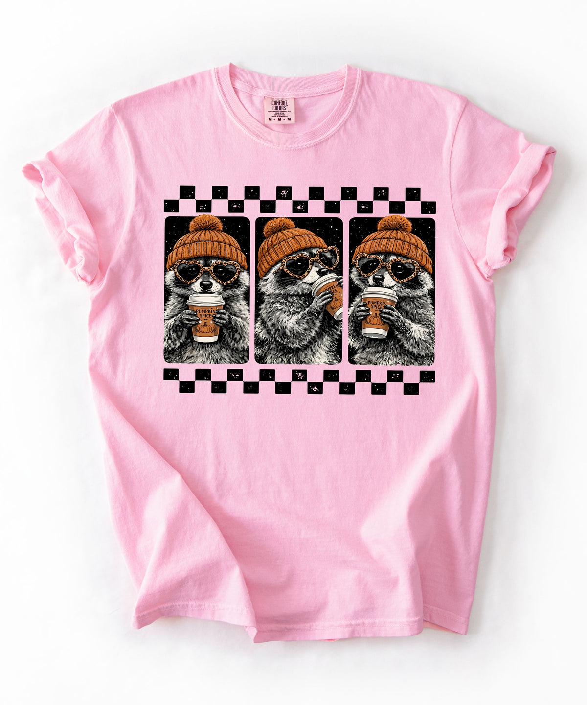 Blossom raccoon pumpkin spice coffee t-shirt — retro beanie raccoon checkerboard graphic fall tee