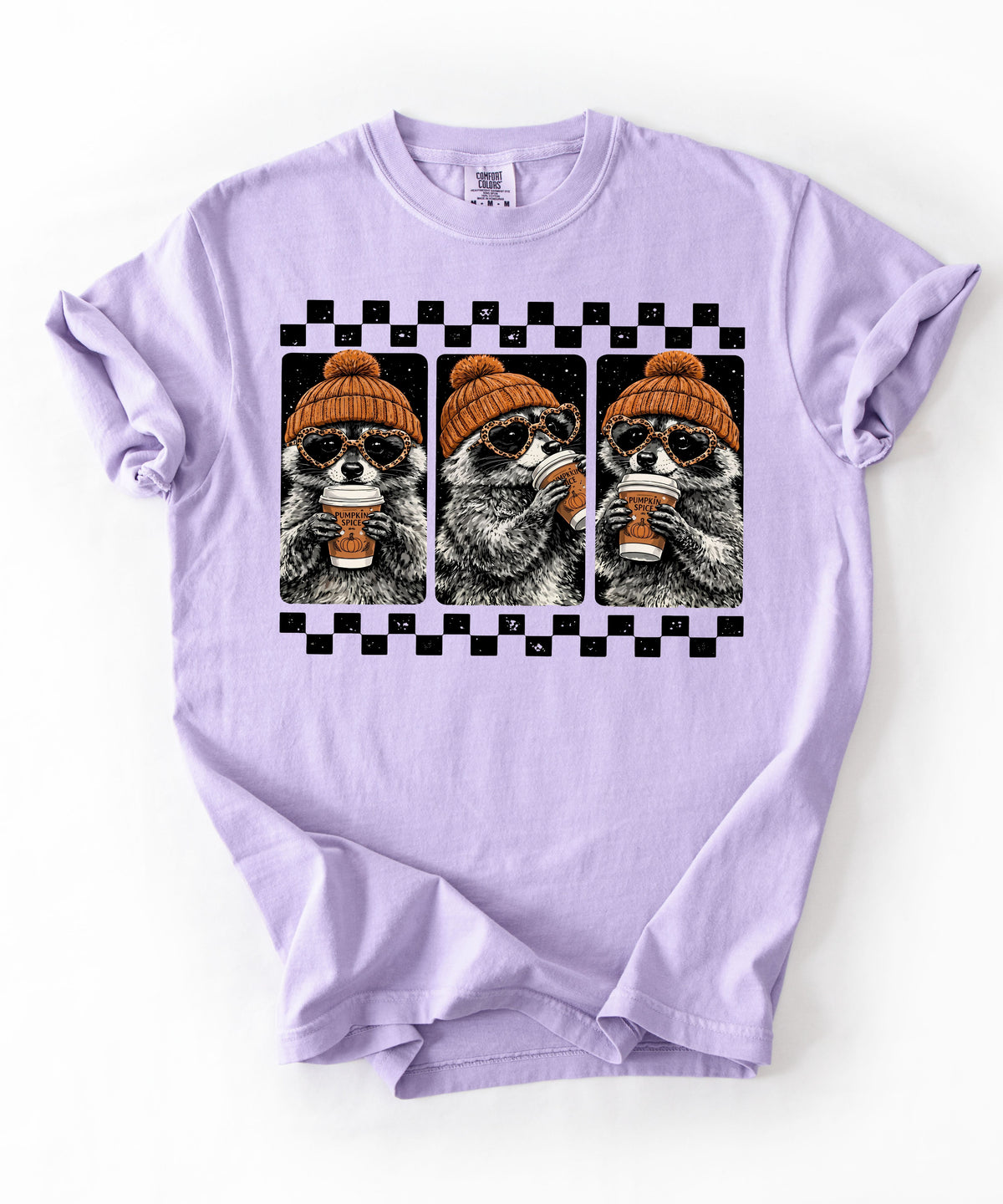 Orchid raccoon pumpkin spice coffee t-shirt — retro beanie raccoon checkerboard graphic fall tee