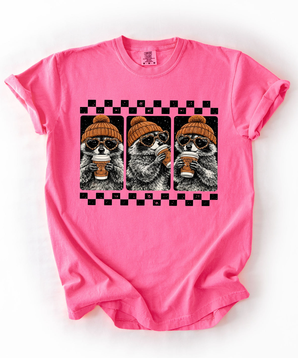 Neon Pink raccoon pumpkin spice coffee t-shirt — retro beanie raccoon checkerboard graphic fall tee