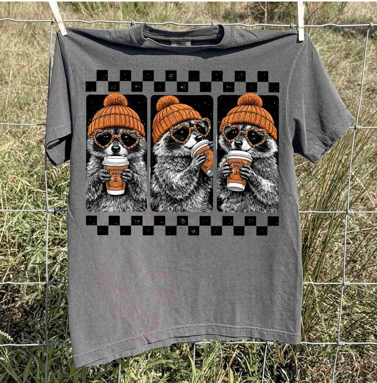 Pepper raccoon pumpkin spice coffee t-shirt — retro beanie raccoon checkerboard graphic fall tee