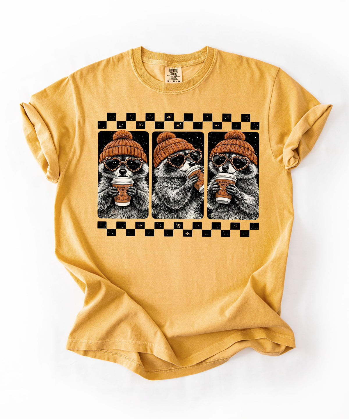 Mustard raccoon pumpkin spice coffee t-shirt — retro beanie raccoon checkerboard graphic fall tee