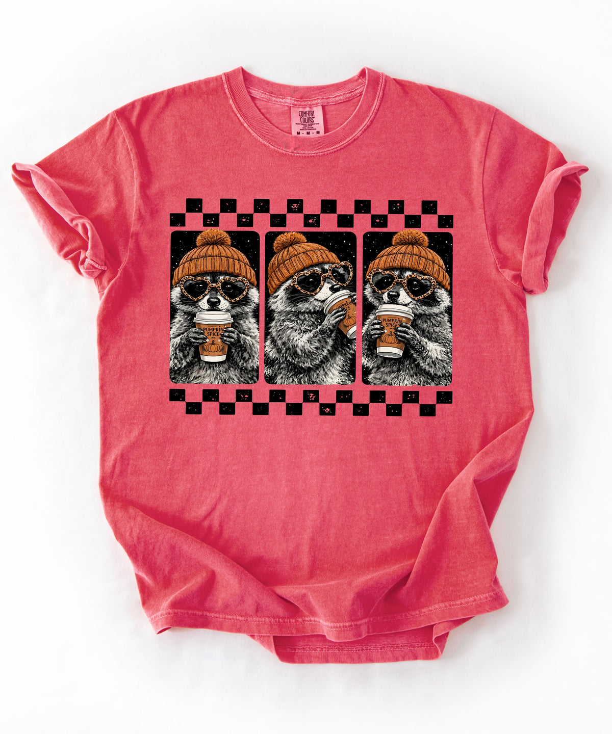 Watermelon raccoon pumpkin spice coffee t-shirt — retro beanie raccoon checkerboard graphic fall tee