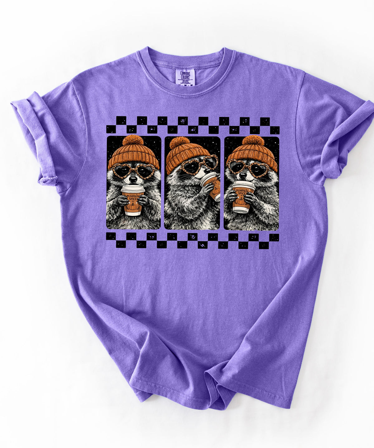 Violet raccoon pumpkin spice coffee t-shirt — retro beanie raccoon checkerboard graphic fall tee