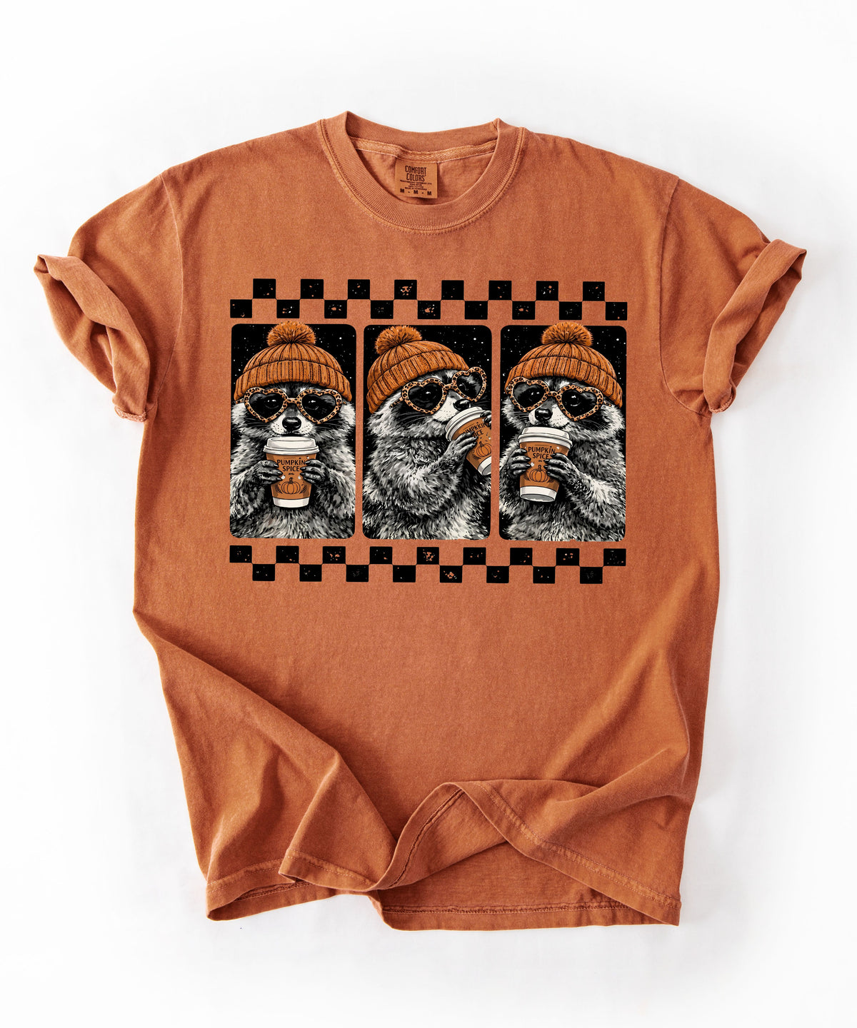 Yam raccoon pumpkin spice coffee t-shirt — retro beanie raccoon checkerboard graphic fall tee