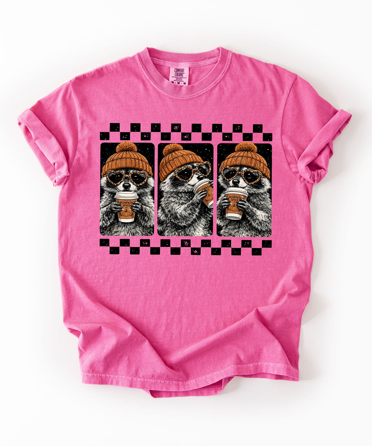 Crunchberry raccoon pumpkin spice coffee t-shirt — retro beanie raccoon checkerboard graphic fall tee