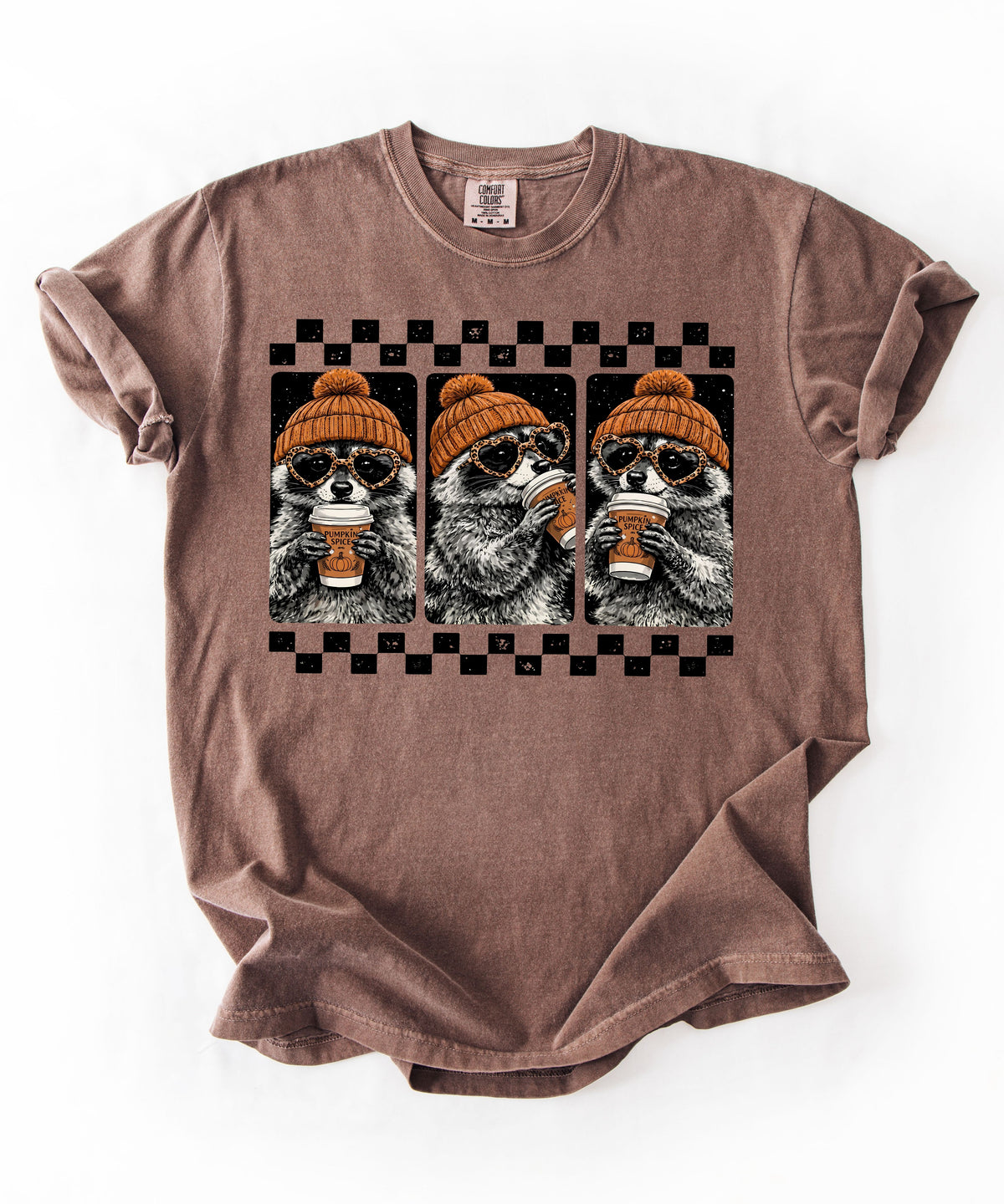 Espresso raccoon pumpkin spice coffee t-shirt — retro beanie raccoon checkerboard graphic fall tee