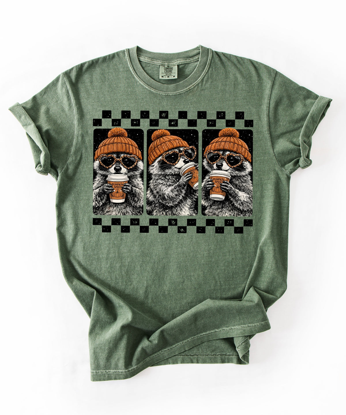 Moss raccoon pumpkin spice coffee t-shirt — retro beanie raccoon checkerboard graphic fall tee
