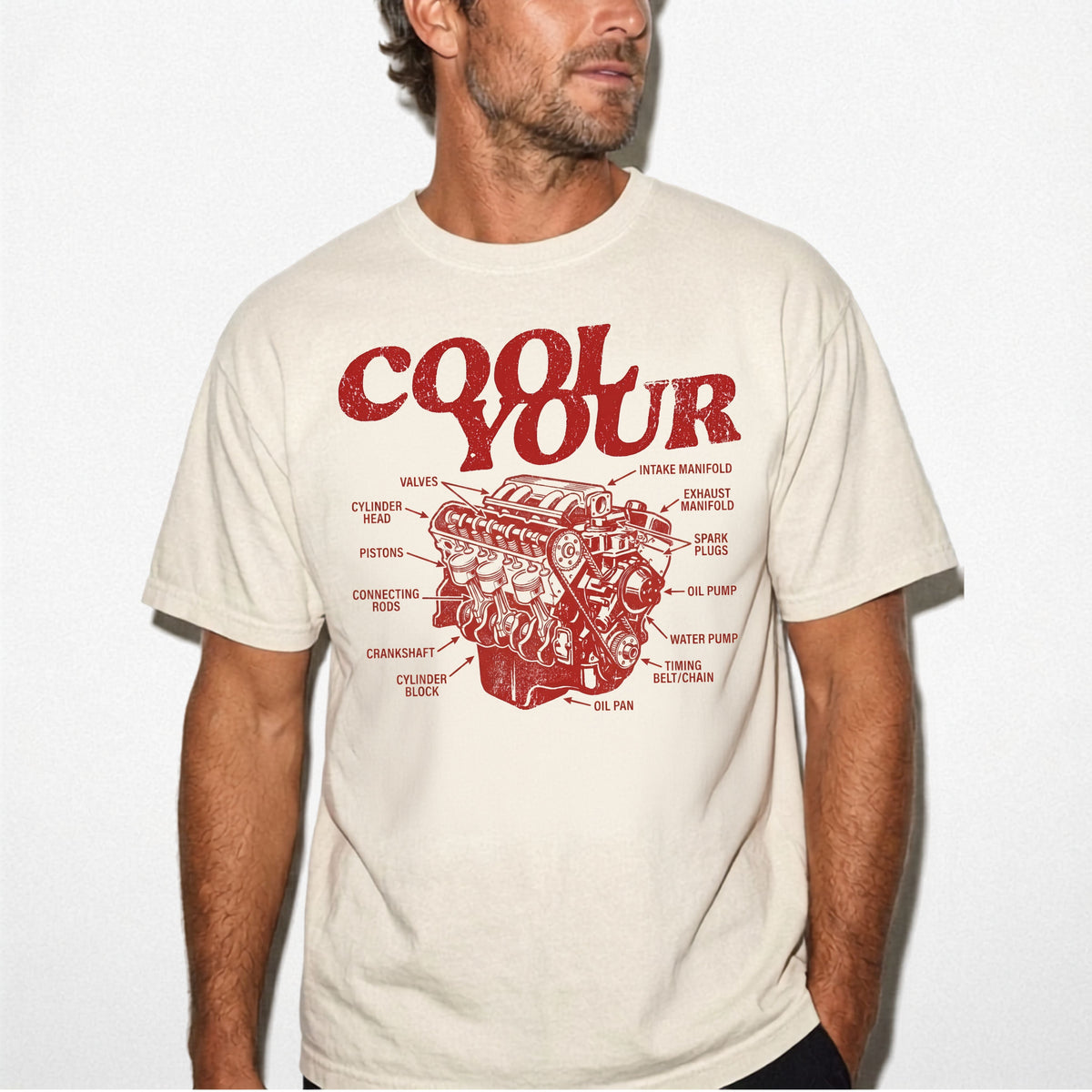Cool your engine mechanic graphic tee in Ivory— vintage automotive illustration shirt