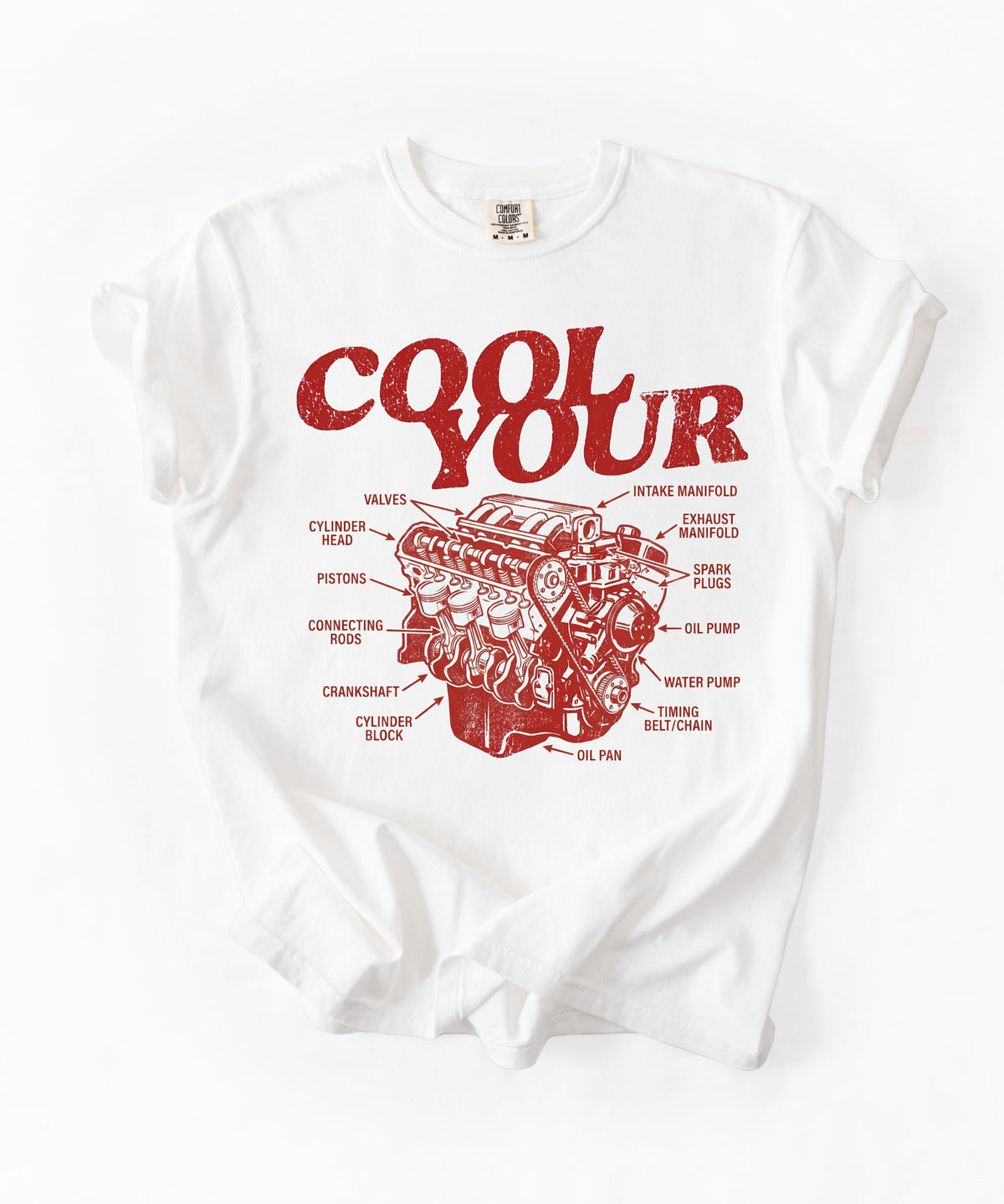 Cool your engine mechanic graphic tee in White— vintage automotive illustration shirt