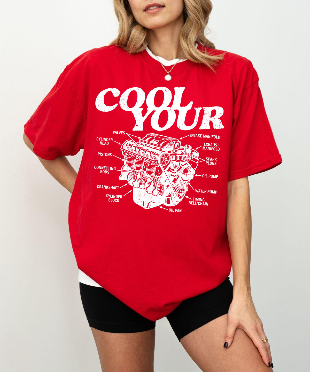 Cool your engine mechanic graphic tee in Red— vintage automotive illustration shirt