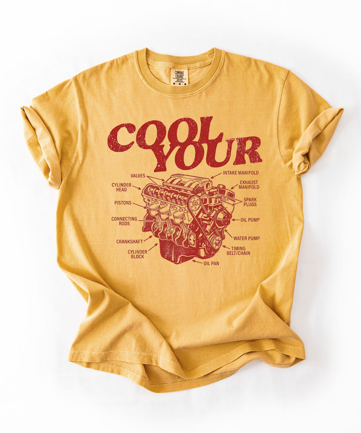 Cool your engine mechanic graphic tee in Mustard— vintage automotive illustration shirt