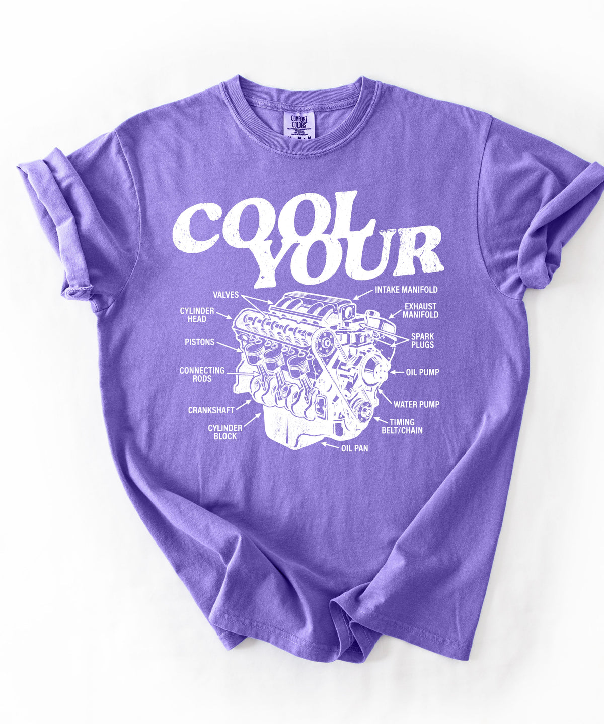 Cool your engine mechanic graphic tee in Violet— vintage automotive illustration shirt