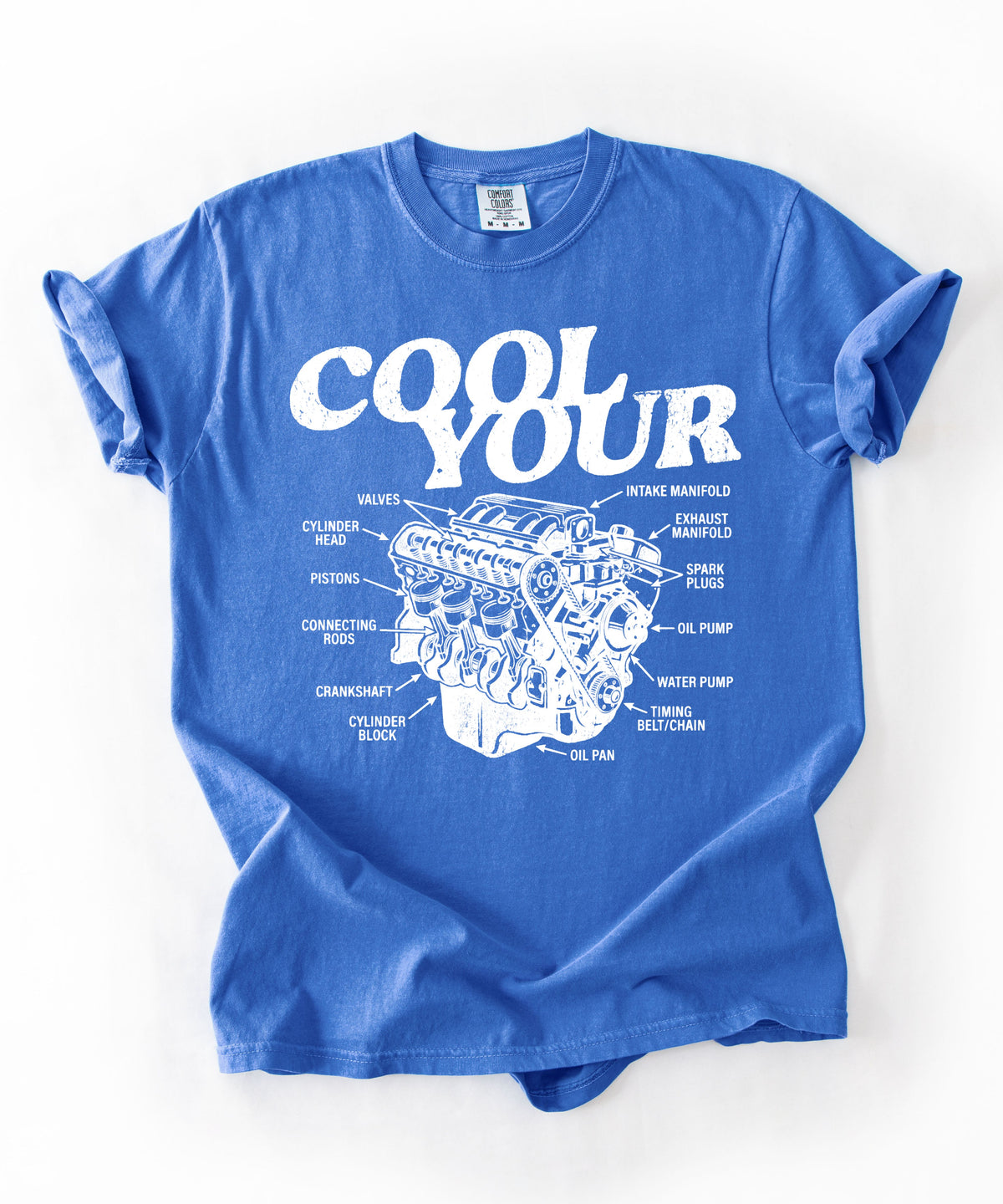 Cool your engine mechanic graphic tee in Flo Blue— vintage automotive illustration shirt