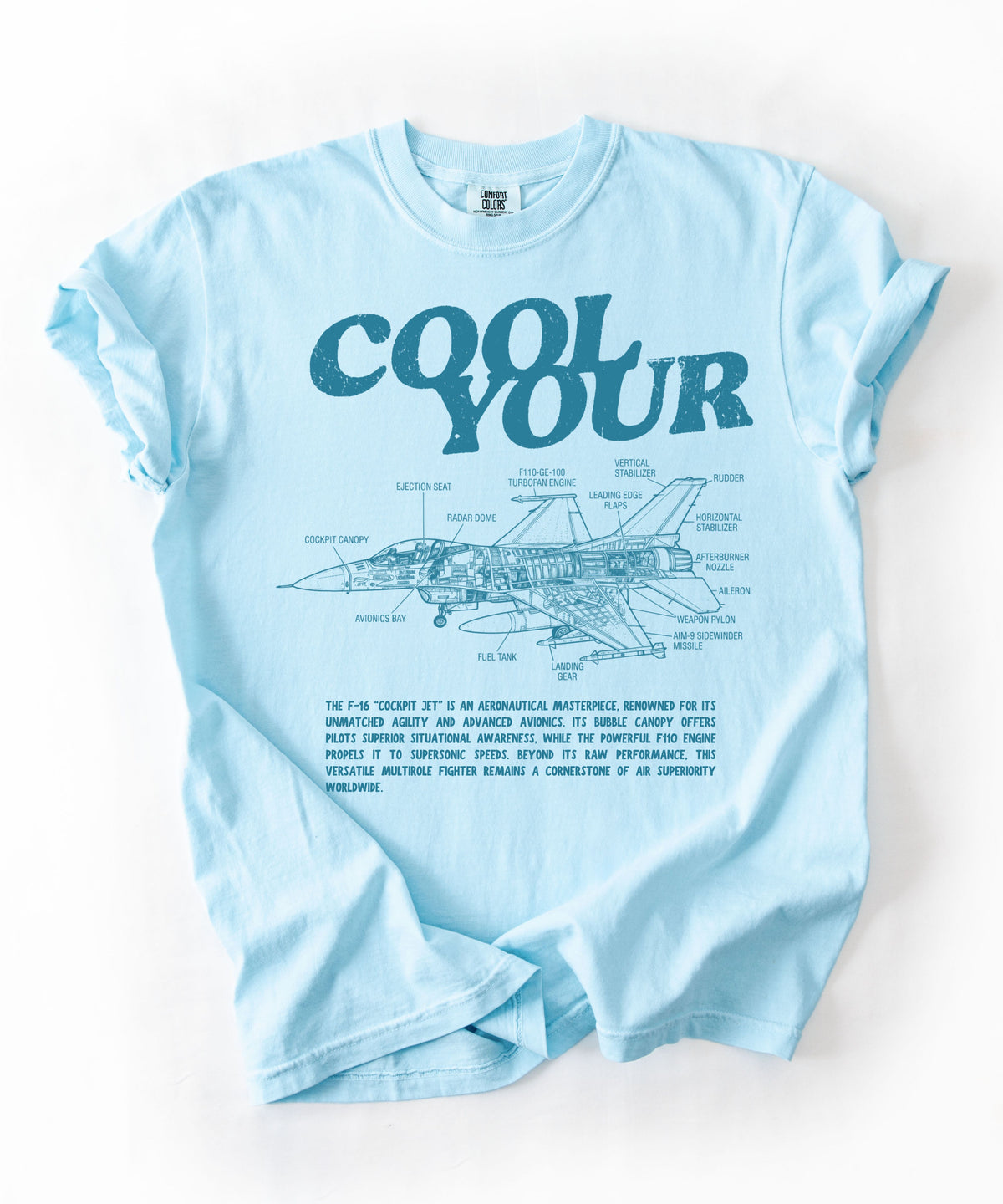 Cool your jets aviation graphic tee in Chambray — vintage F-16 diagram shirt by GodaStudio