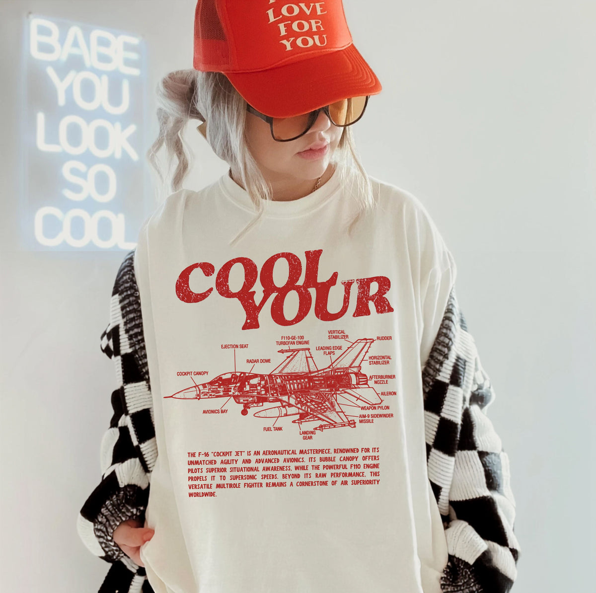 Cool your jets aviation graphic tee in Ivory — vintage F-16 diagram shirt by GodaStudio