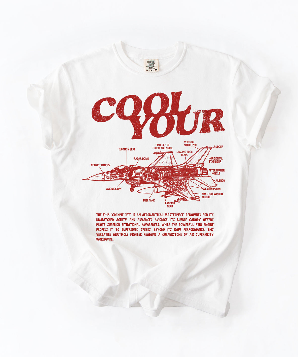 Cool your jets aviation graphic tee in White — vintage F-16 diagram shirt by GodaStudio