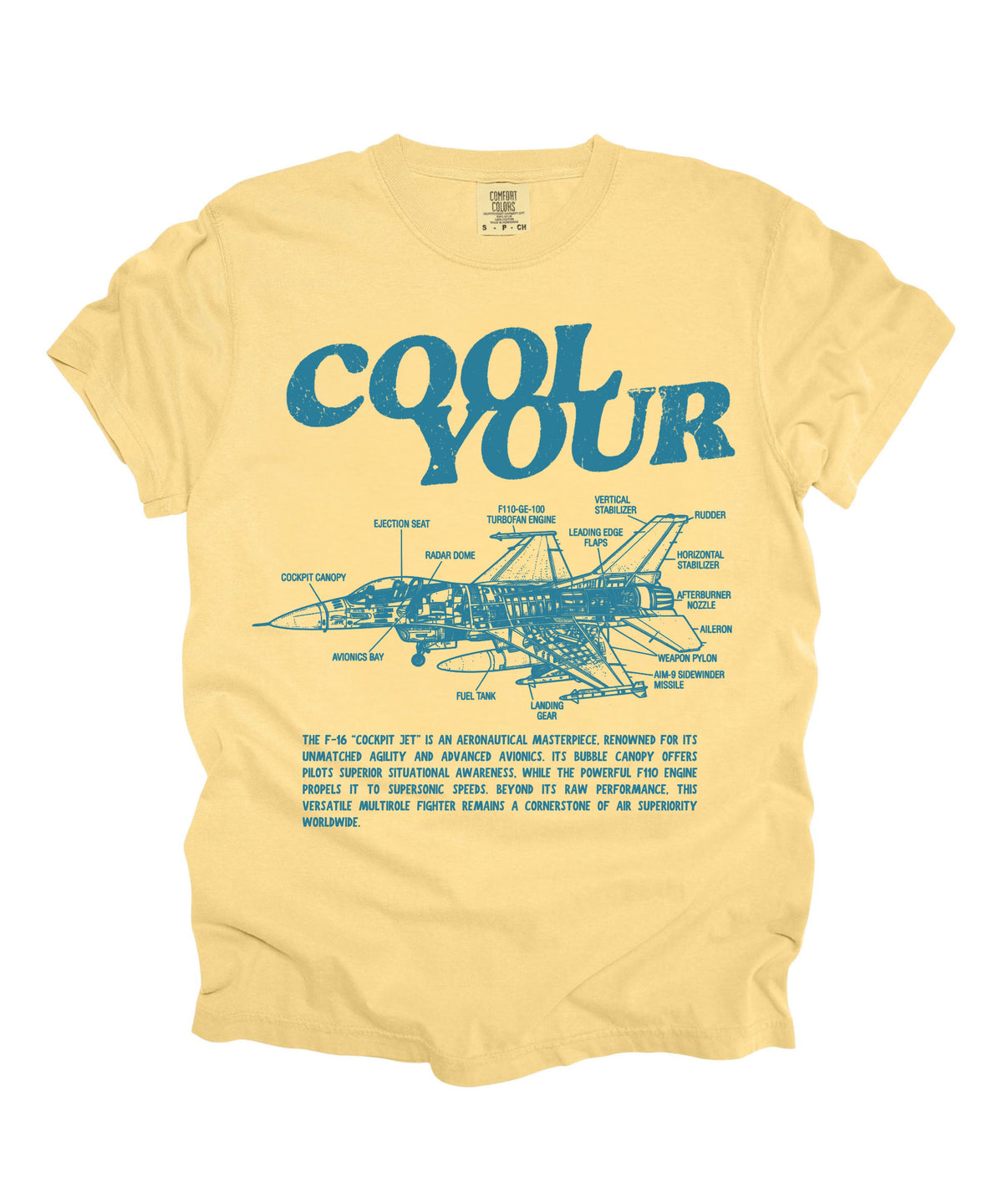 Cool your jets aviation graphic tee in Butter — vintage F-16 diagram shirt by GodaStudio