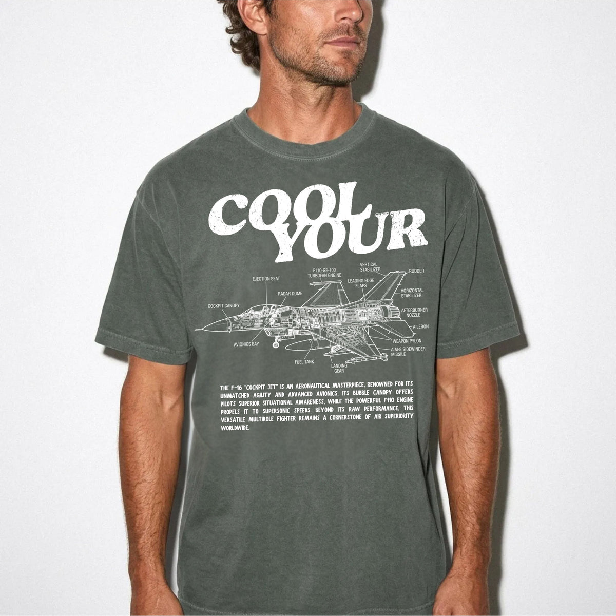 Cool your jets aviation graphic tee in Moss — vintage F-16 diagram shirt by GodaStudio