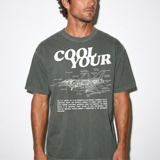 Cool your jets aviation graphic tee in Moss — vintage F-16 diagram shirt by GodaStudio
