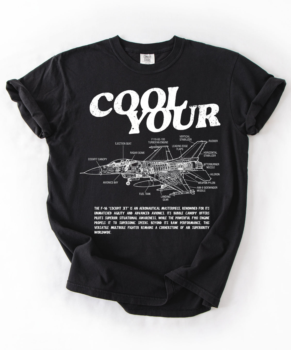 Cool your jets aviation graphic tee in Black — vintage F-16 diagram shirt by GodaStudio