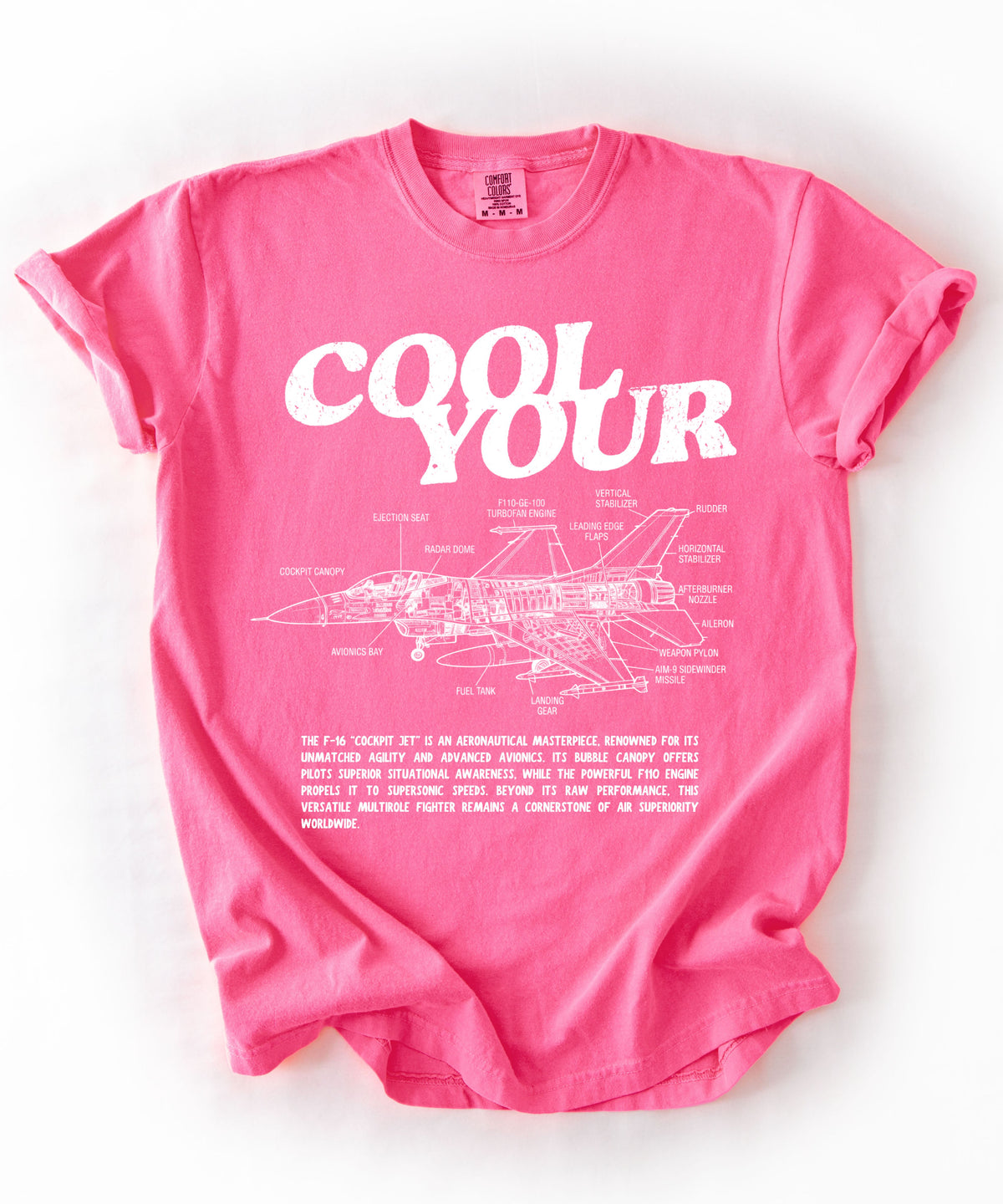 Cool your jets aviation graphic tee in Neon Pink — vintage F-16 diagram shirt by GodaStudio