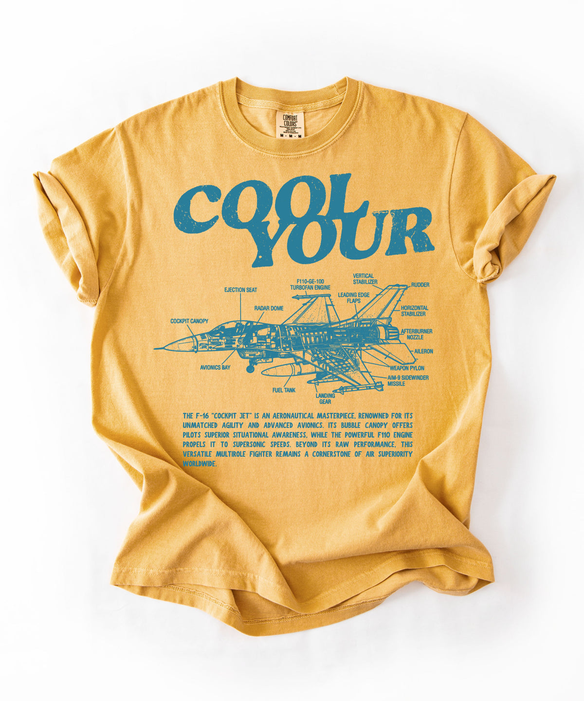 Cool your jets aviation graphic tee in Mustard — vintage F-16 diagram shirt by GodaStudio