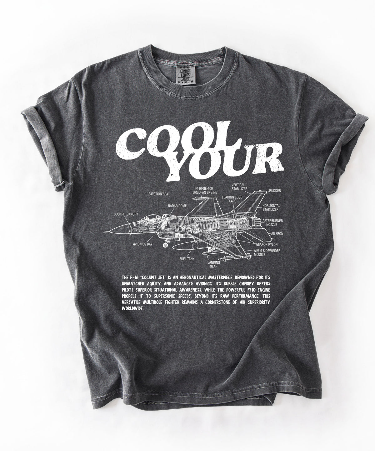 Cool your jets aviation graphic tee in Pepper — vintage F-16 diagram shirt by GodaStudio