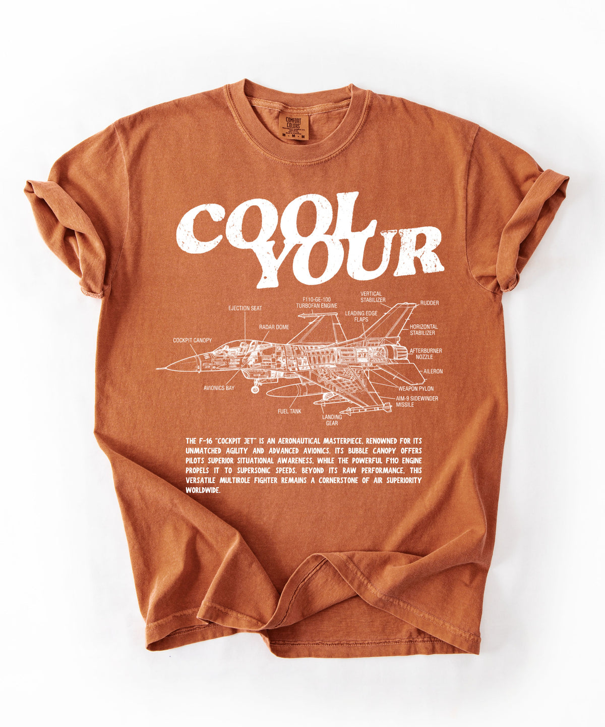 Cool your jets aviation graphic tee in Yam — vintage F-16 diagram shirt by GodaStudio