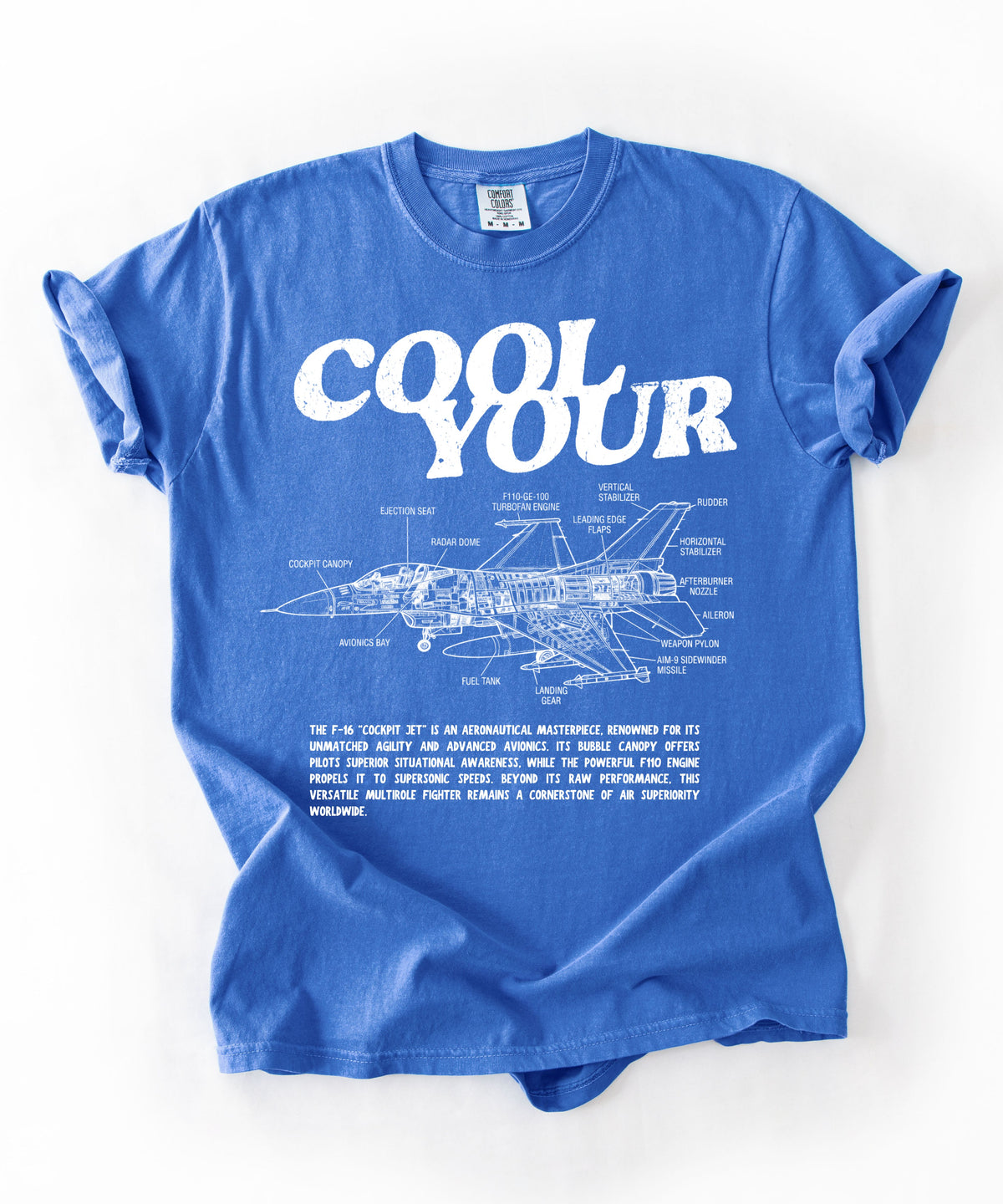 Cool your jets aviation graphic tee in Flo blue — vintage F-16 diagram shirt by GodaStudio