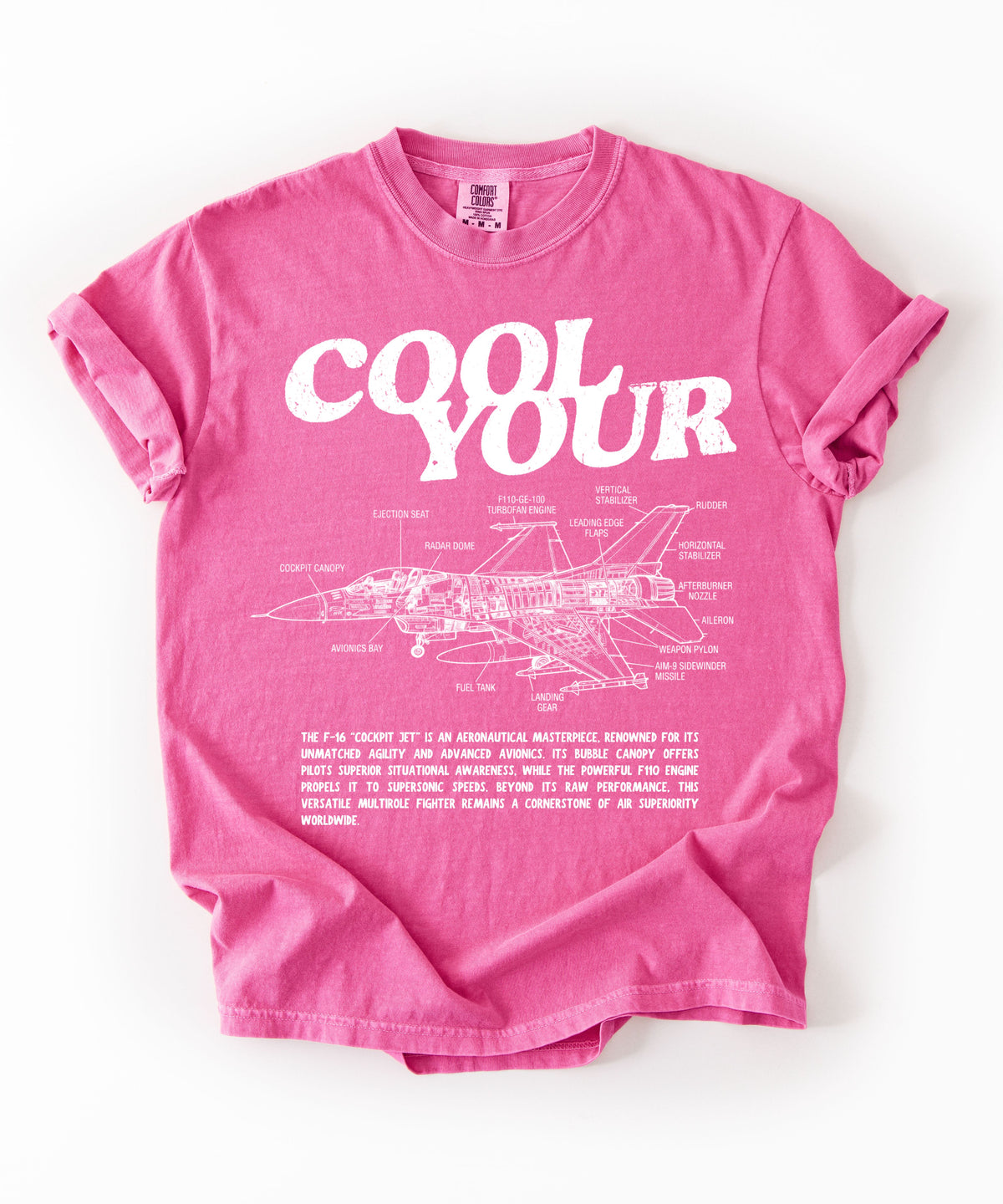 Cool your jets aviation graphic tee in Crunchberry — vintage F-16 diagram shirt by GodaStudio