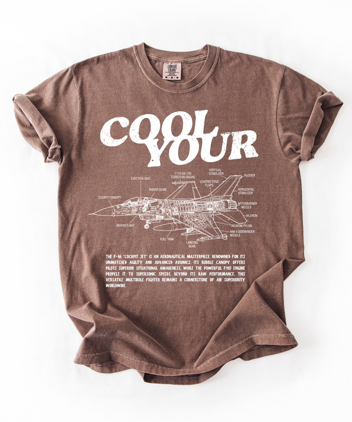 Cool your jets aviation graphic tee in Espresso — vintage F-16 diagram shirt by GodaStudio