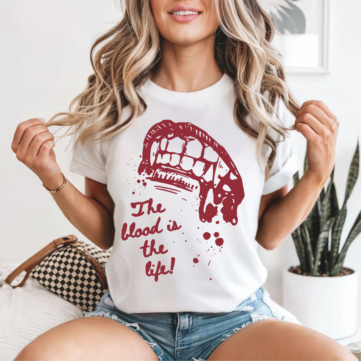Vampire bite the blood is the life horror graphic t-shirt in white — heavyweight garment dyed tee

