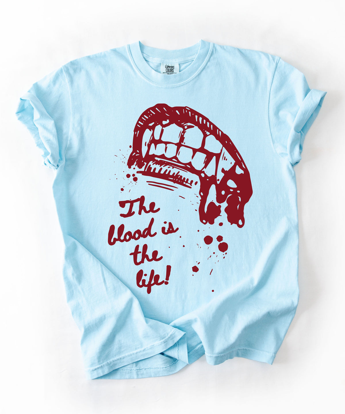 Vampire bite the blood is the life horror graphic t-shirt in Chambray — heavyweight garment dyed tee

