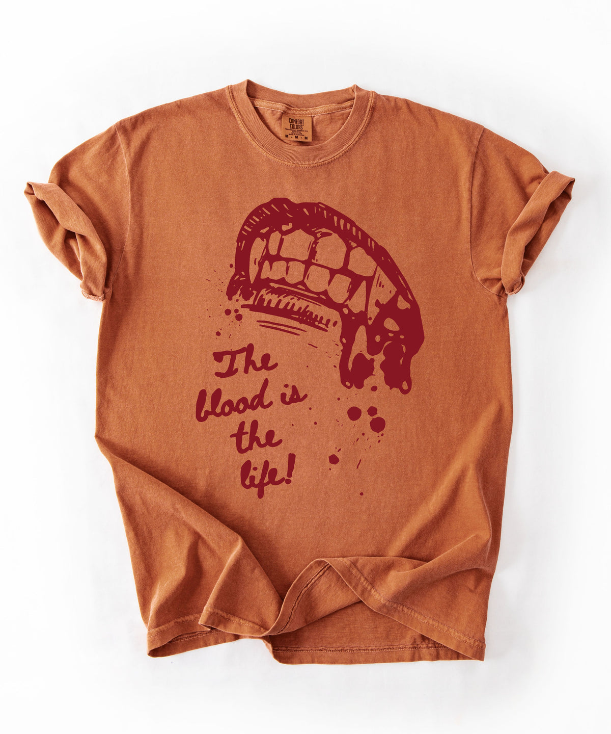 Vampire bite the blood is the life horror graphic t-shirt in Yam — heavyweight garment dyed tee

