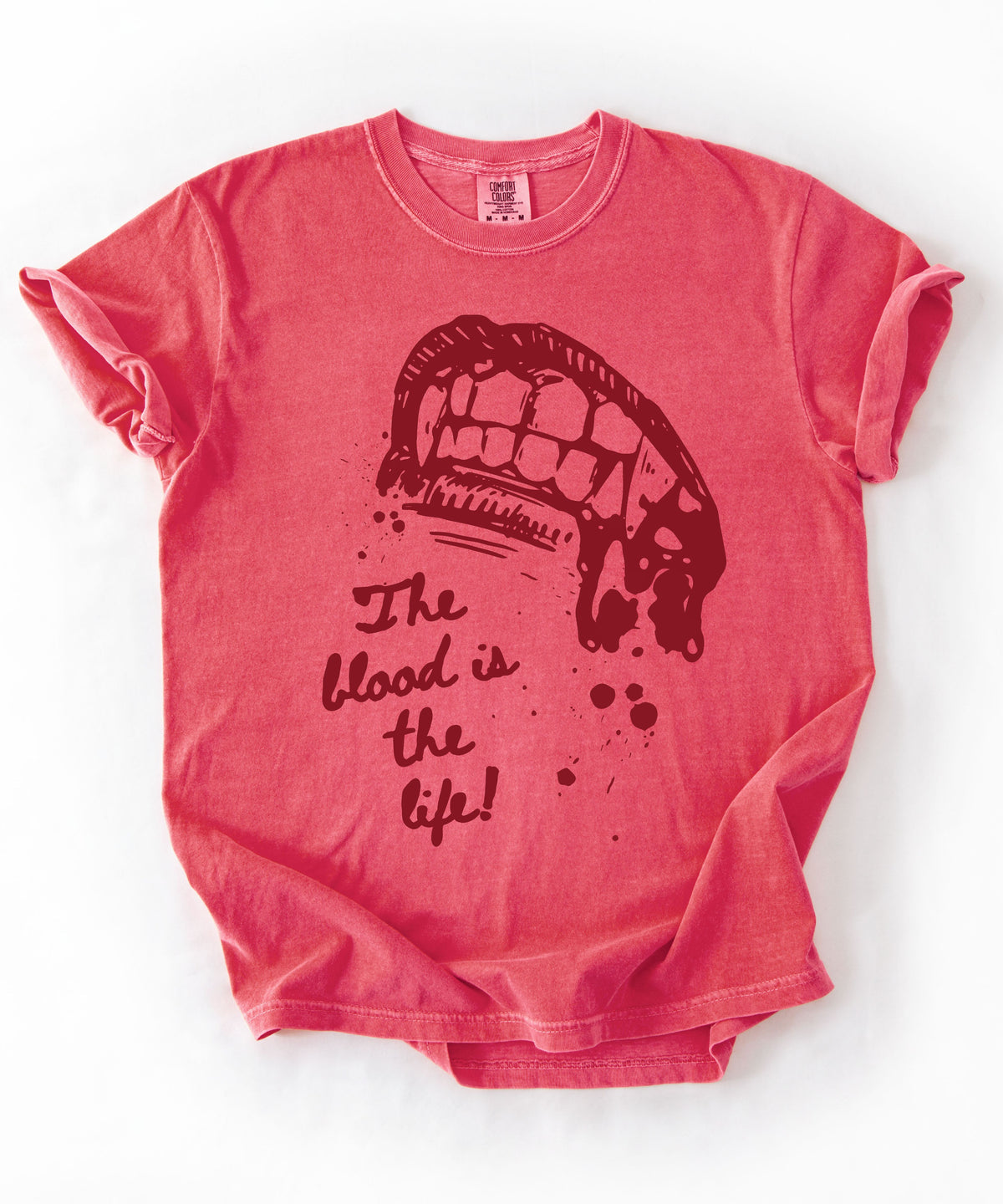 Vampire bite the blood is the life horror graphic t-shirt in Watermelon — heavyweight garment dyed tee


