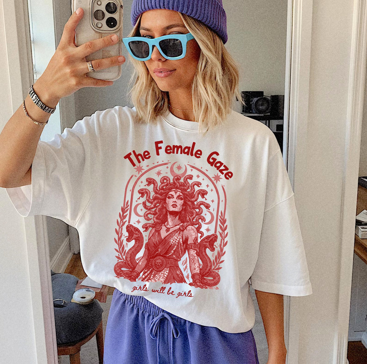White Female Gaze Medusa graphic tee — feminist empowerment shirt, vintage ink print
