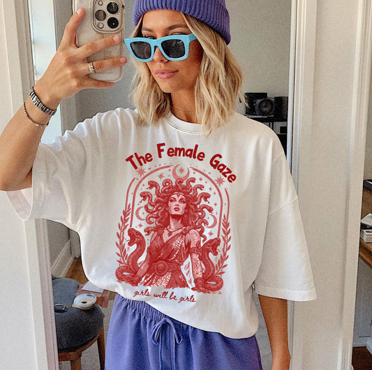 White Female Gaze Medusa graphic tee — feminist empowerment shirt, vintage ink print
