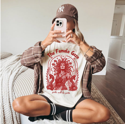 Ivory Female Gaze Medusa graphic tee — feminist empowerment shirt, vintage ink print
