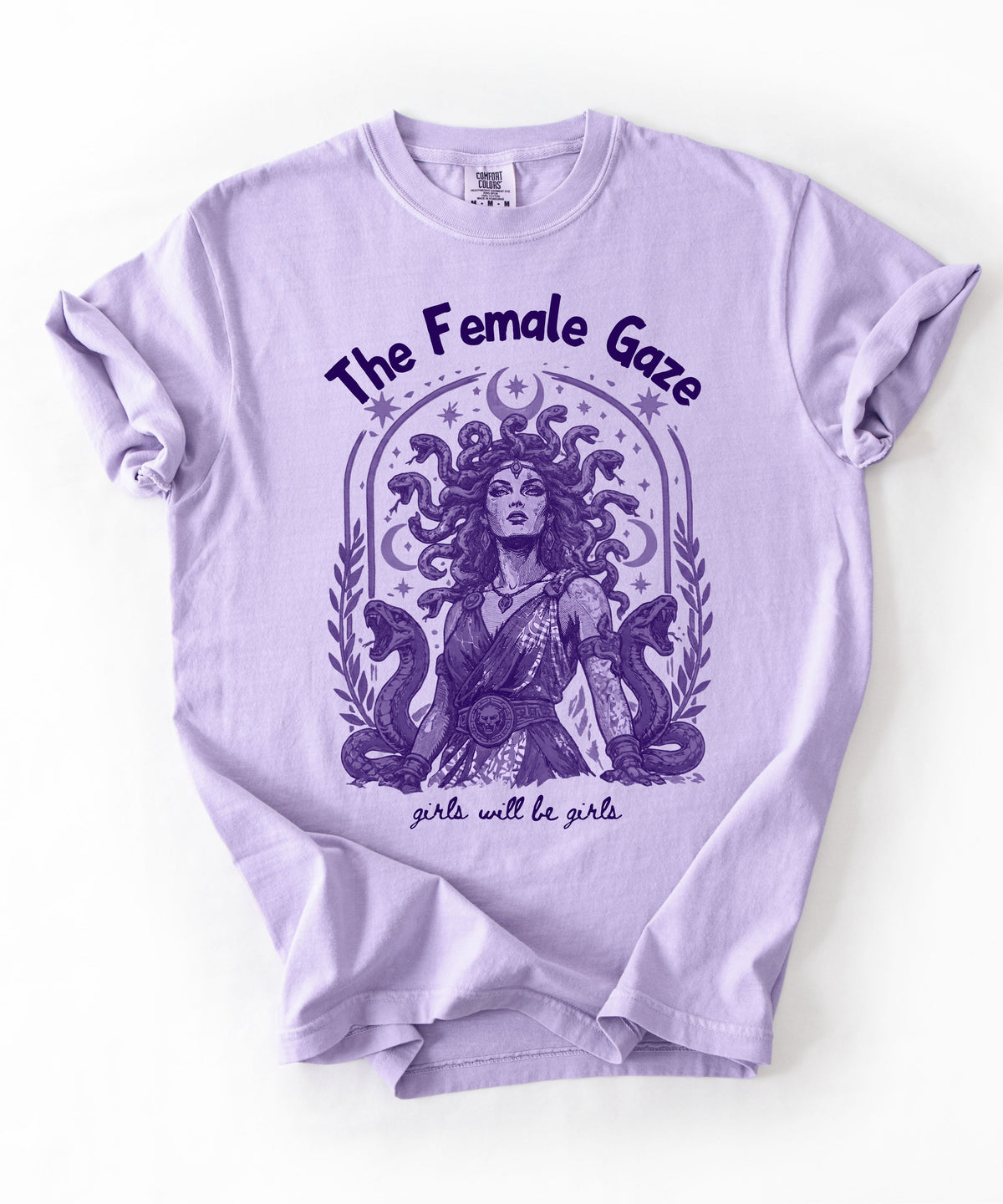Orchid Female Gaze Medusa graphic tee — feminist empowerment shirt, vintage ink print
