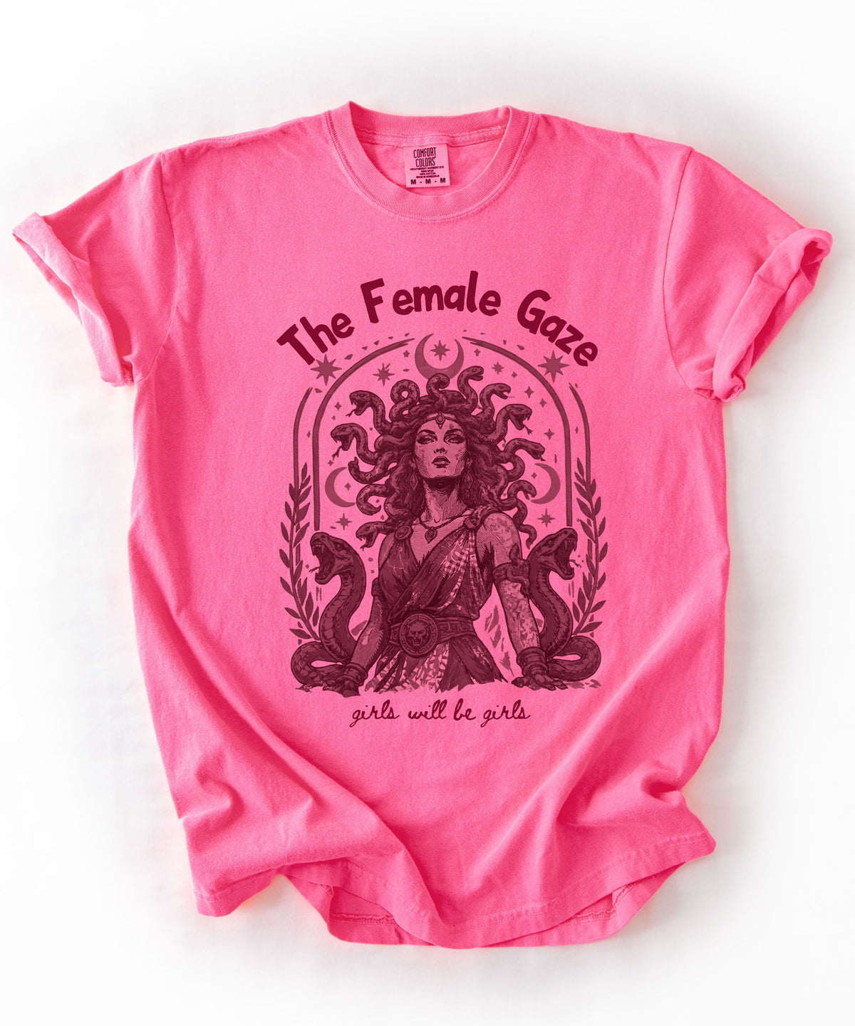 Neon PinkFemale Gaze Medusa graphic tee — feminist empowerment shirt, vintage ink print
