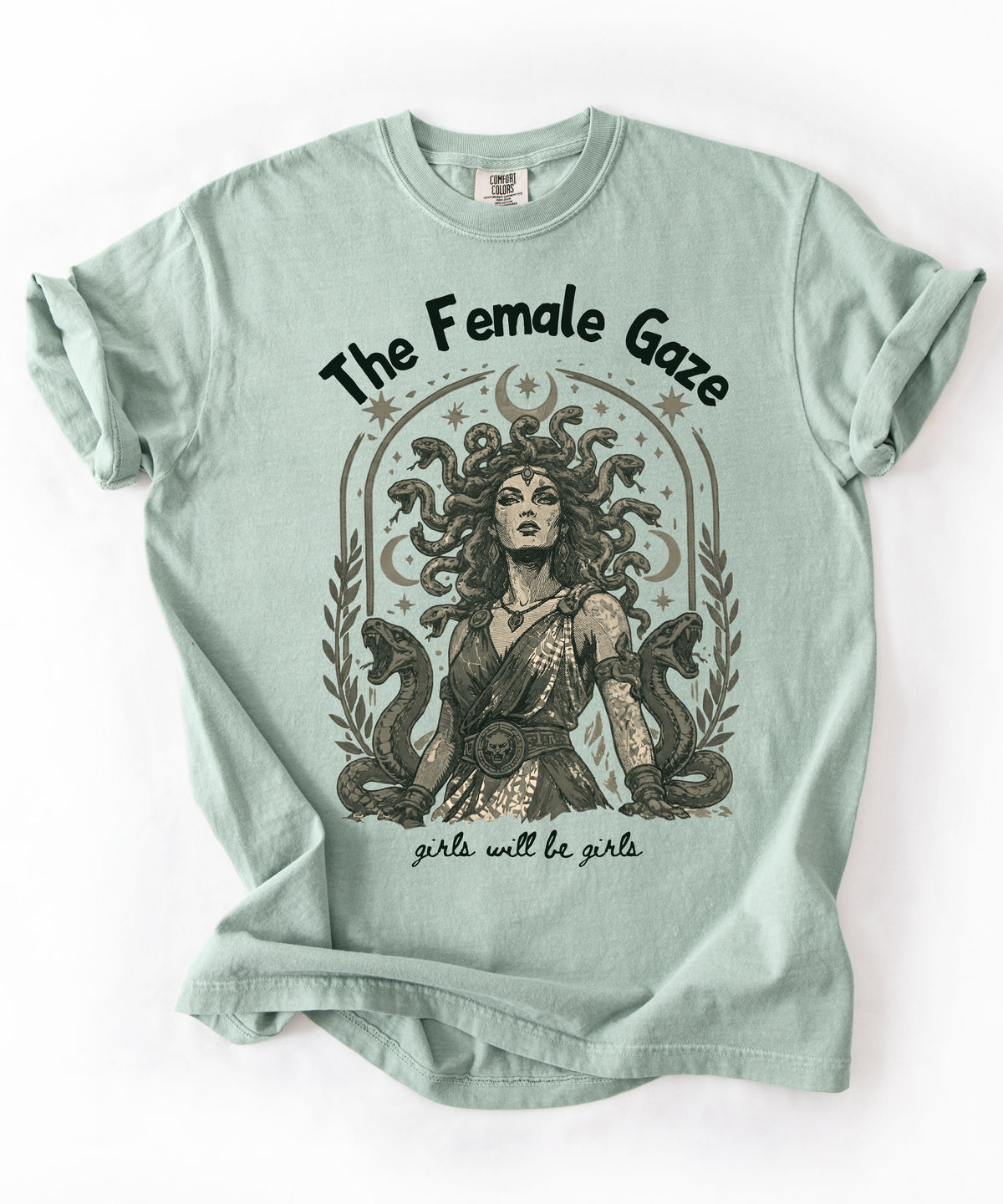 Bay Female Gaze Medusa graphic tee — feminist empowerment shirt, vintage ink print
