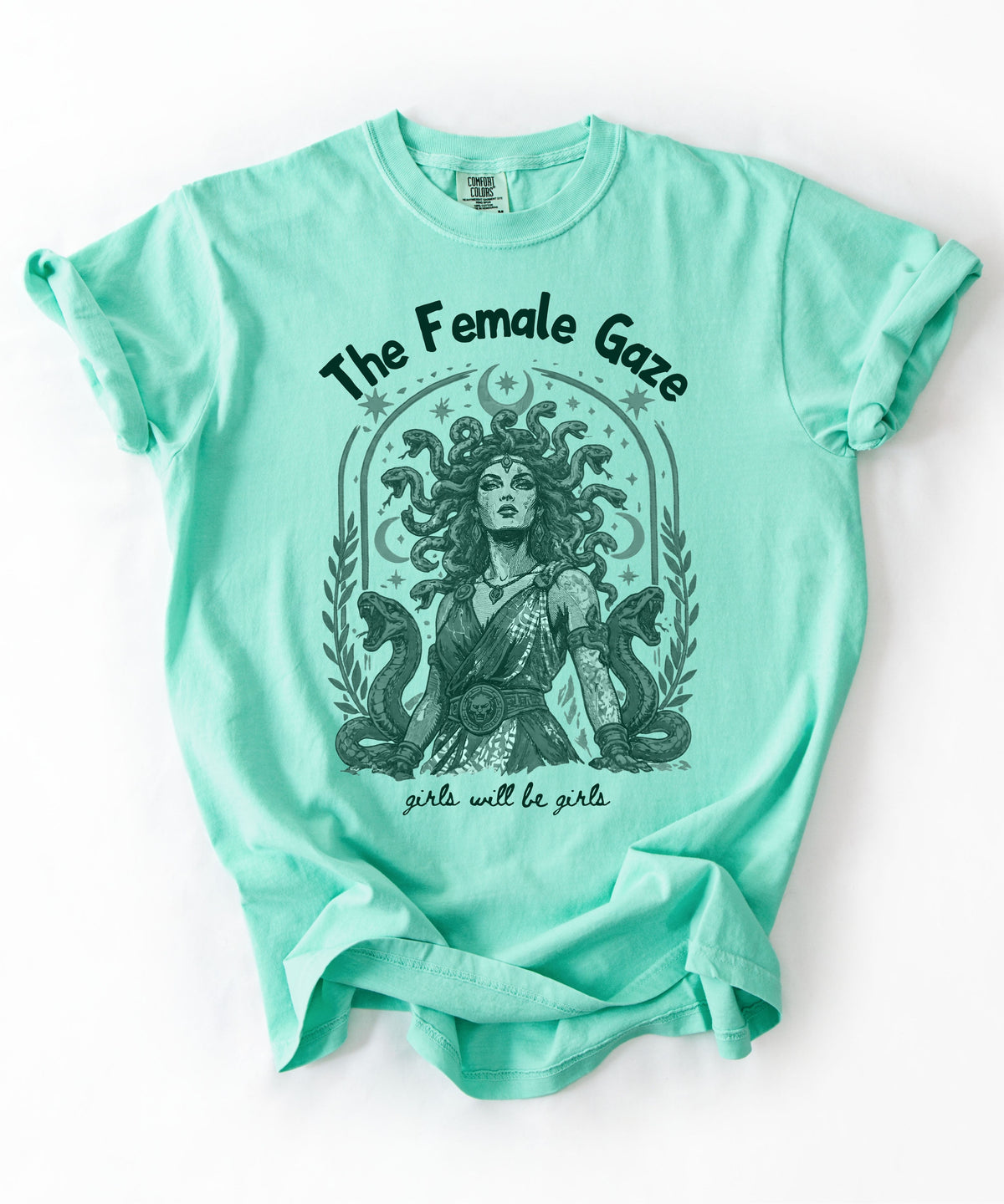 Island Reef Female Gaze Medusa graphic tee — feminist empowerment shirt, vintage ink print
