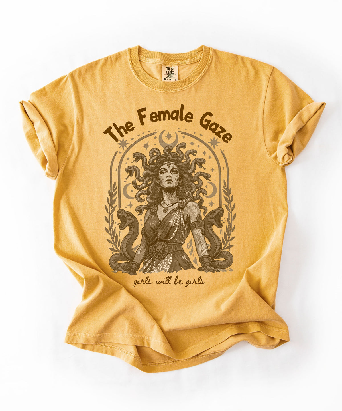 Mustard Female Gaze Medusa graphic tee — feminist empowerment shirt, vintage ink print
