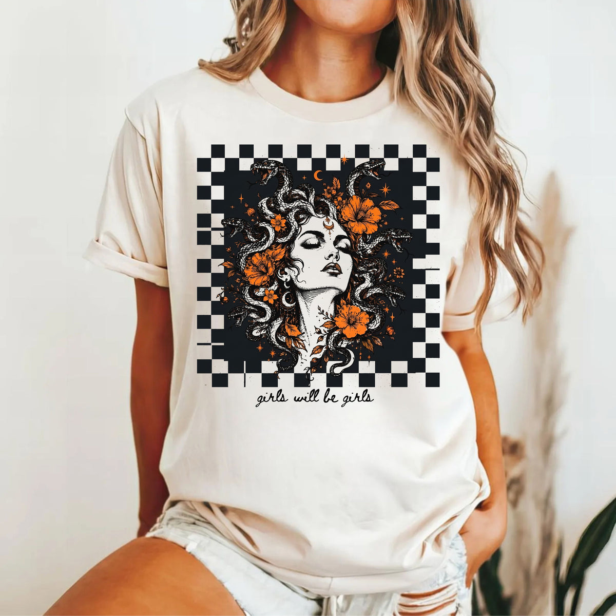 Ivory Girls Will Be Girls Medusa tee — yellow feminist floral graphic tee
