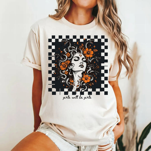 Ivory Girls Will Be Girls Medusa tee — yellow feminist floral graphic tee
